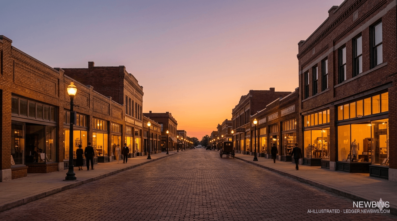 Greenwood Avenue at dusk on May 30, 1921. Brick storefronts lit warm from inside, with gas streetlamps along a brick-paved commercial street.